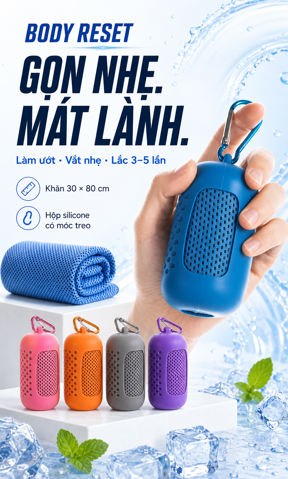 BODY RESET - khăn lạnh thể thao gọn nhẹ, kèm hộp silicone có móc treo
