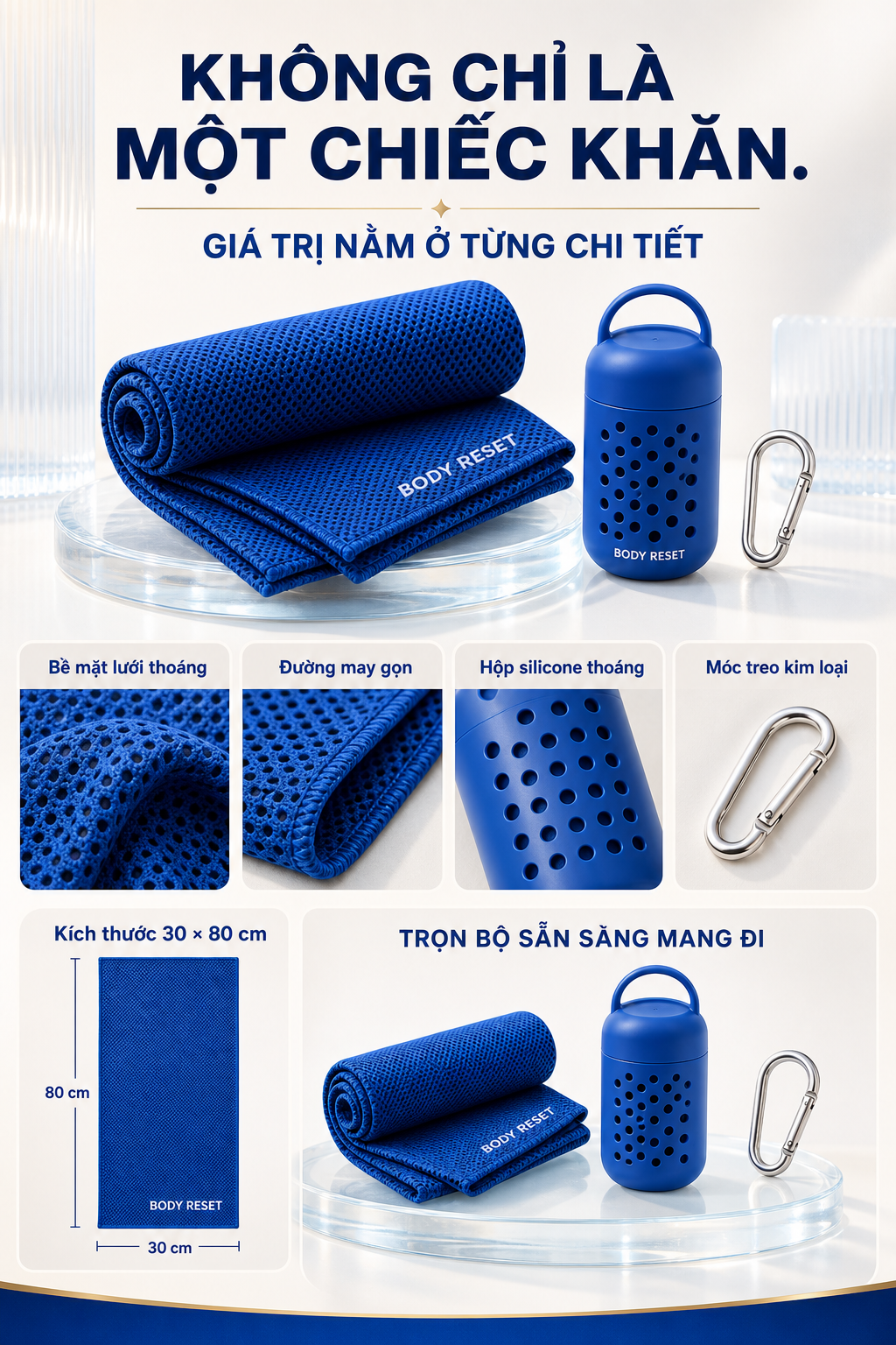 Cận cảnh bề mặt lưới, đường may, hộp silicone và móc treo của bộ khăn BODY RESET